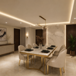 Elegant Classic Dining Room Space Highlighting a Rectangular Marble Table and Velvet Chairs