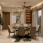A Modern Dining Room Design Complete with a Dark Marble and Gold Sculptural Table
