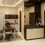 Sleek Modern Dining Room Space Highlighting a Wooden Table and a Glass Cabinet