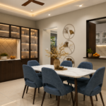 Contemporary Dining Room Layout Featuring a Marble Table and Blue Chairs