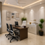 Home Office Design with Dark Wood Desk and Art Gallery