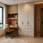 Office Layout Featuring a Terracotta and Walnut Wardrobe