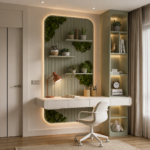 Modern Home Office Design Accented by a White and Sage Green Color Scheme and a Biophilic Living Wall