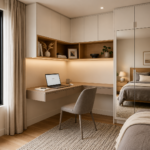A Minimal Beige and White Home Office Design Complete with a Floating L-Shaped Corner Desk