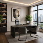 Modern Office Design with Dark Charcoal Executive Desk Setup