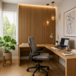 Modern Home Office Design Accented by a Light Oak Brown Corner Desk
