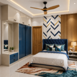 Contemporary Guest Bedroom Design Accented by a Royal Blue Bed and a Marble Wall