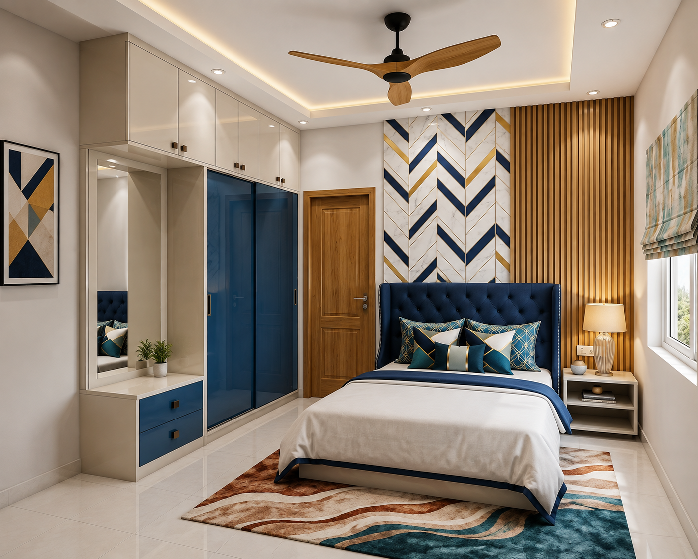 ChatGPT Image Aug 11, 2026, 05_07_00 PM Contemporary Guest Bedroom Design Accented by a Royal Blue Bed and a Marble Wall - Image 1