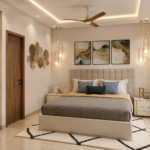 Sleek Modern Guest Bedroom Space Highlighting a Queen Bed and an Abstract Art Wall Triptych