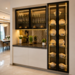 A Modern Crockery Unit Design Complete with White Glass and a Mirror Backsplash