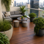Modern Urban Balcony Design with Wooden Decking and Lush Greenery