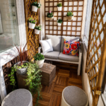 Cozy Balcony Garden Design with Wooden Lattice and Compact Seating