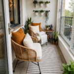 Boho Scandinavian Balcony Design with Rattan Seating and Vertical Planters