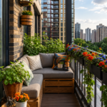 Modern Urban Balcony Garden with Wooden Seating and Vibrant Flower Planters