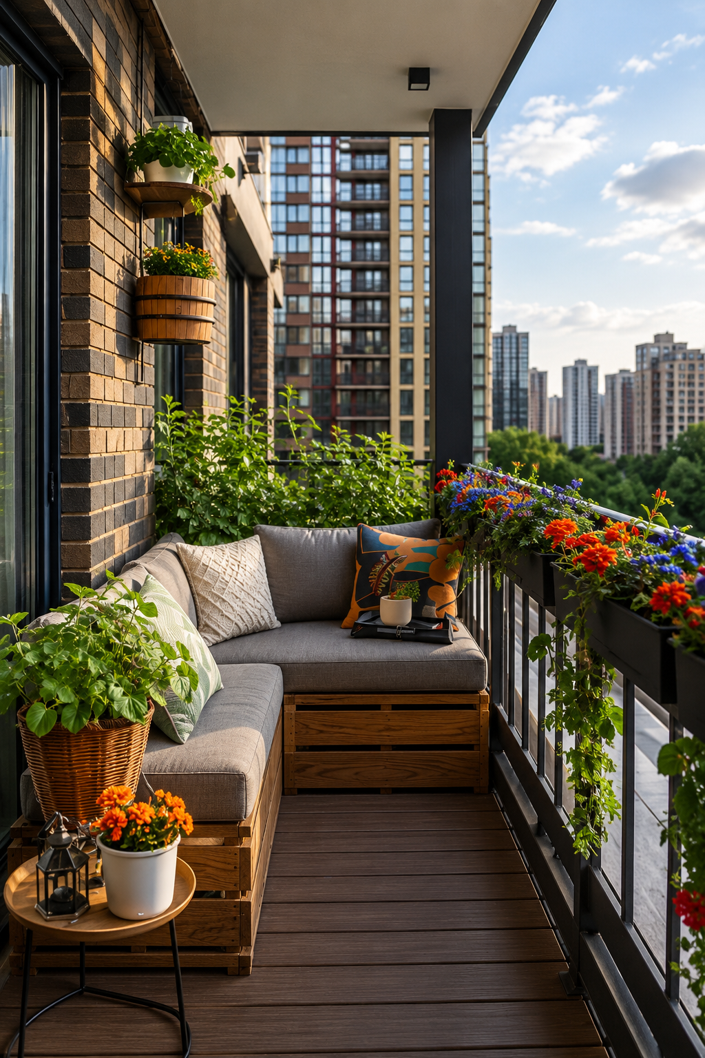 ChatGPT Image Aug 13, 2026, 03_18_02 PM Modern Urban Balcony Garden with Wooden Seating and Vibrant Flower Planters - Image 1