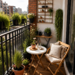 Modern Boho Balcony Garden with Wooden Deck and Vertical Plant Shelves