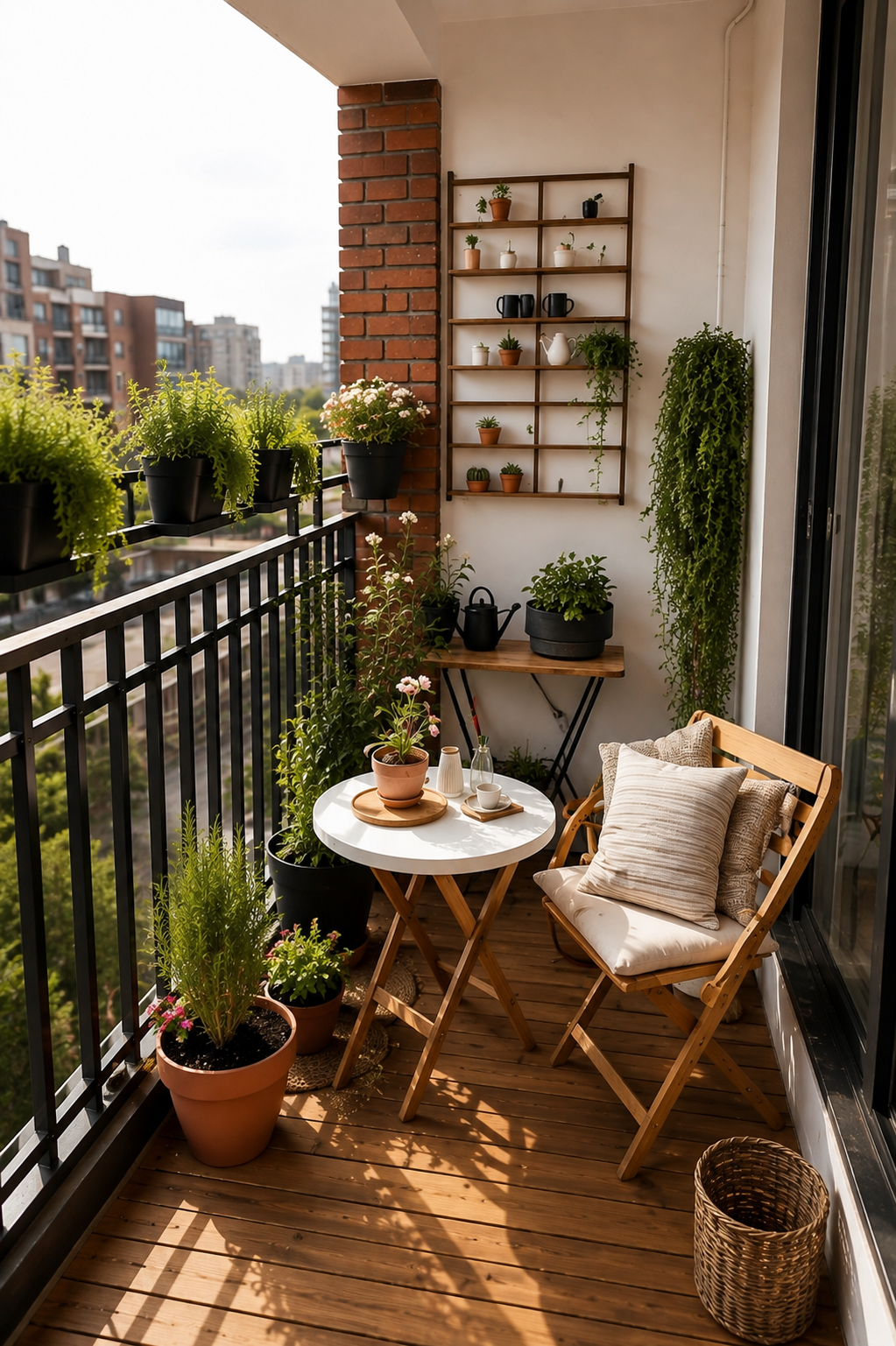 ChatGPT Image Aug 13, 2026, 03_20_39 PM Modern Boho Balcony Garden with Wooden Deck and Vertical Plant Shelves - Image 1