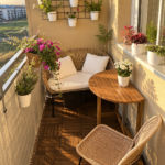 Cozy Boho Balcony Garden with Rattan Seating and Hanging Planters
