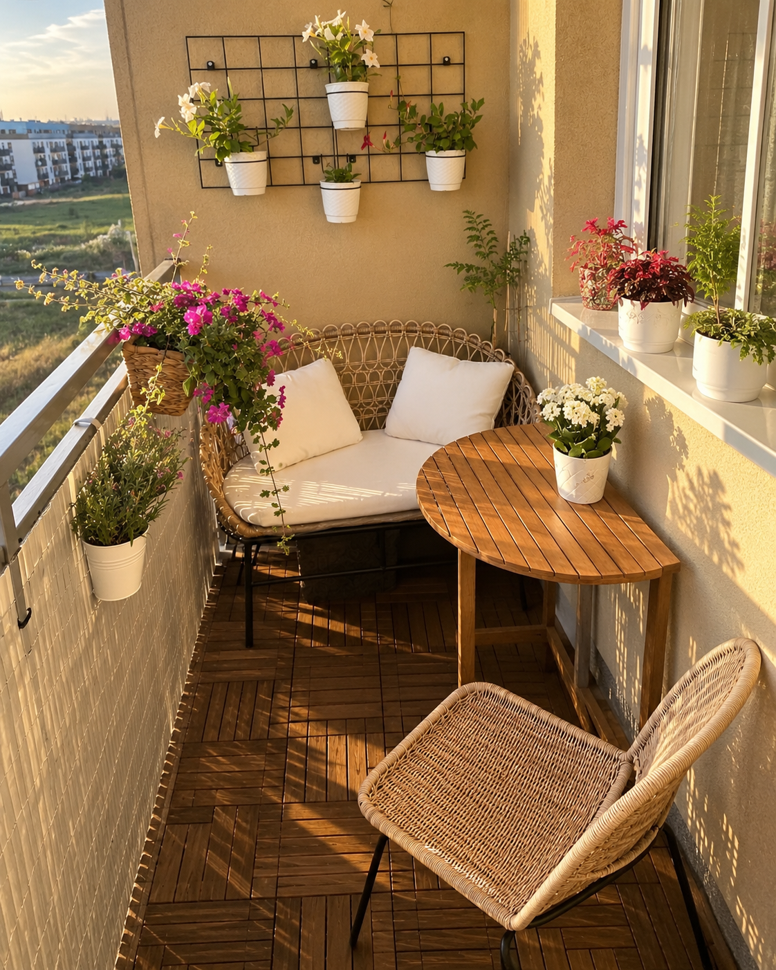 ChatGPT Image Aug 13, 2026, 03_26_19 PM Cozy Boho Balcony Garden with Rattan Seating and Hanging Planters - Image 1