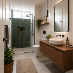 Modern Minimalist Bathroom with Walnut Vanity and Green Tile Shower