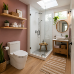 Scandinavian Boho Bathroom with Blush Accent Wall and Natural Wood Vanity