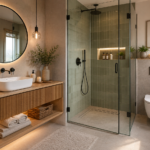 Contemporary Spa Bathroom with Fluted Wood Vanity and Sage Green Shower