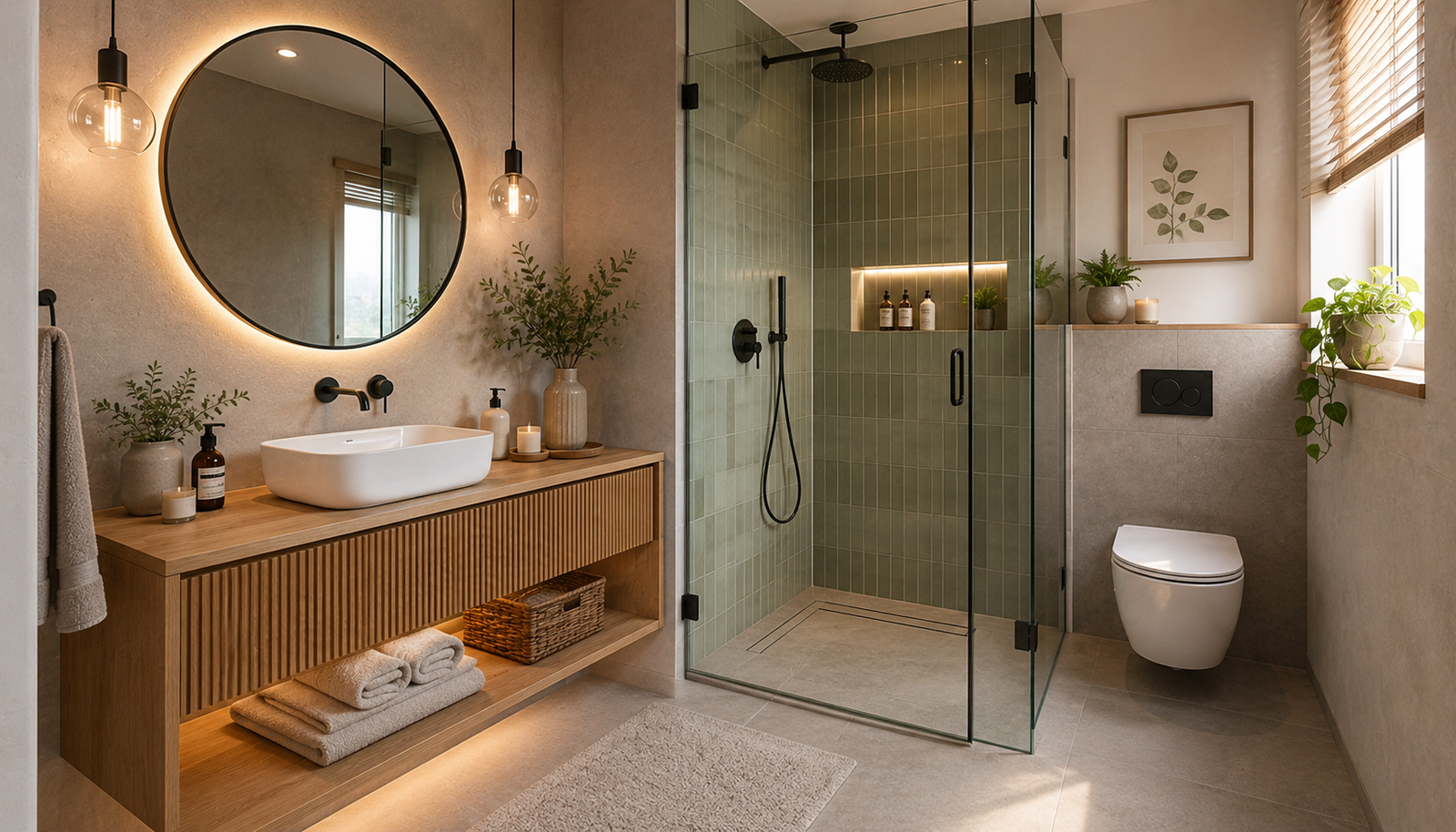 ChatGPT Image Aug 13, 2026, 03_50_13 PM Contemporary Spa Bathroom with Fluted Wood Vanity and Sage Green Shower - Image 1