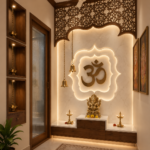 Elegant Traditional Pooja Room Design with Marble Backdrop, Wooden Details & Illuminated Om Panel