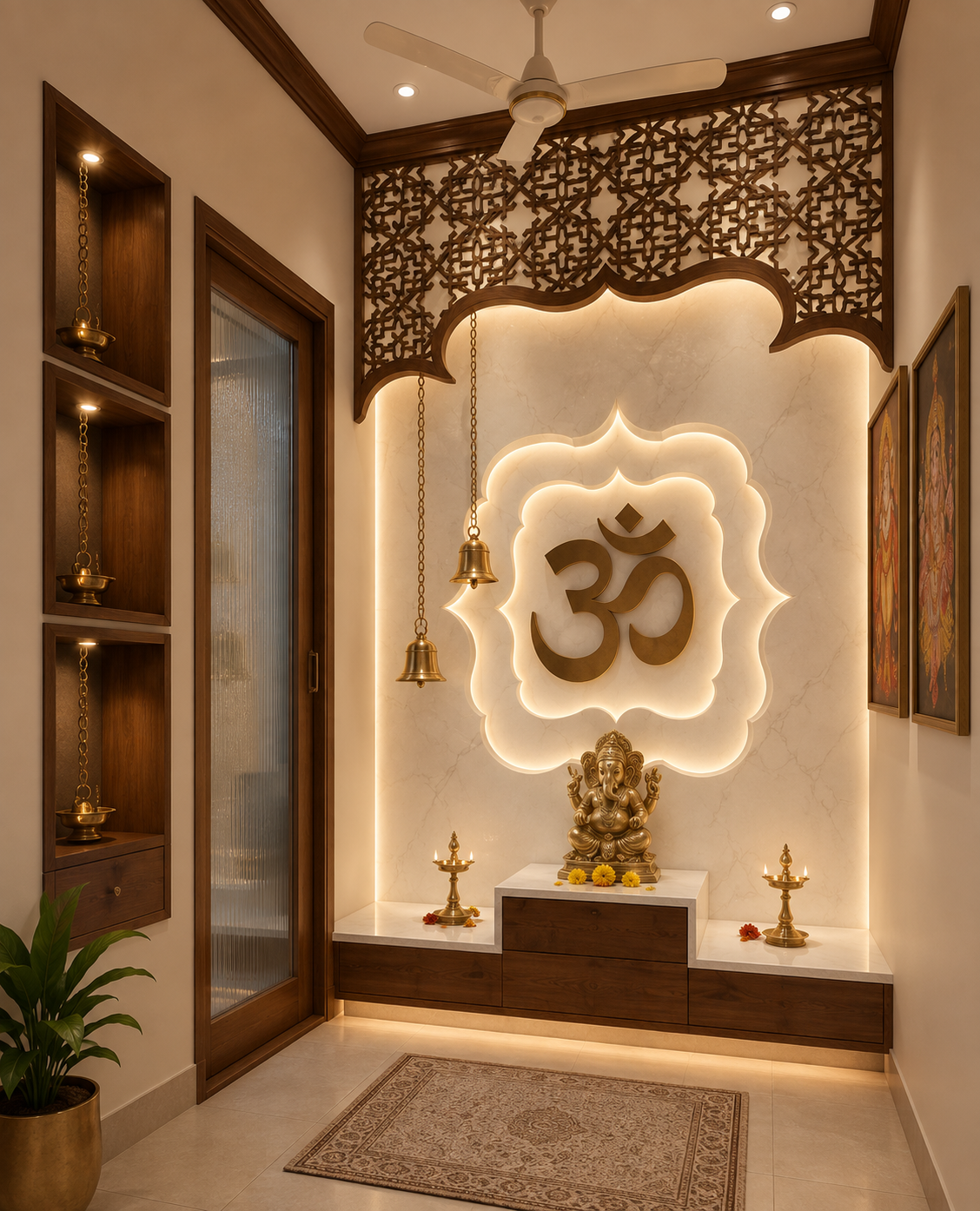 ChatGPT Image Aug 13, 2026, 07_09_55 PM Elegant Traditional Pooja Room Design with Marble Backdrop, Wooden Details & Illuminated Om Panel - Image 1