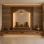 Modern Traditional Pooja Room Design with Carved Wood & Warm Ambient Lighting