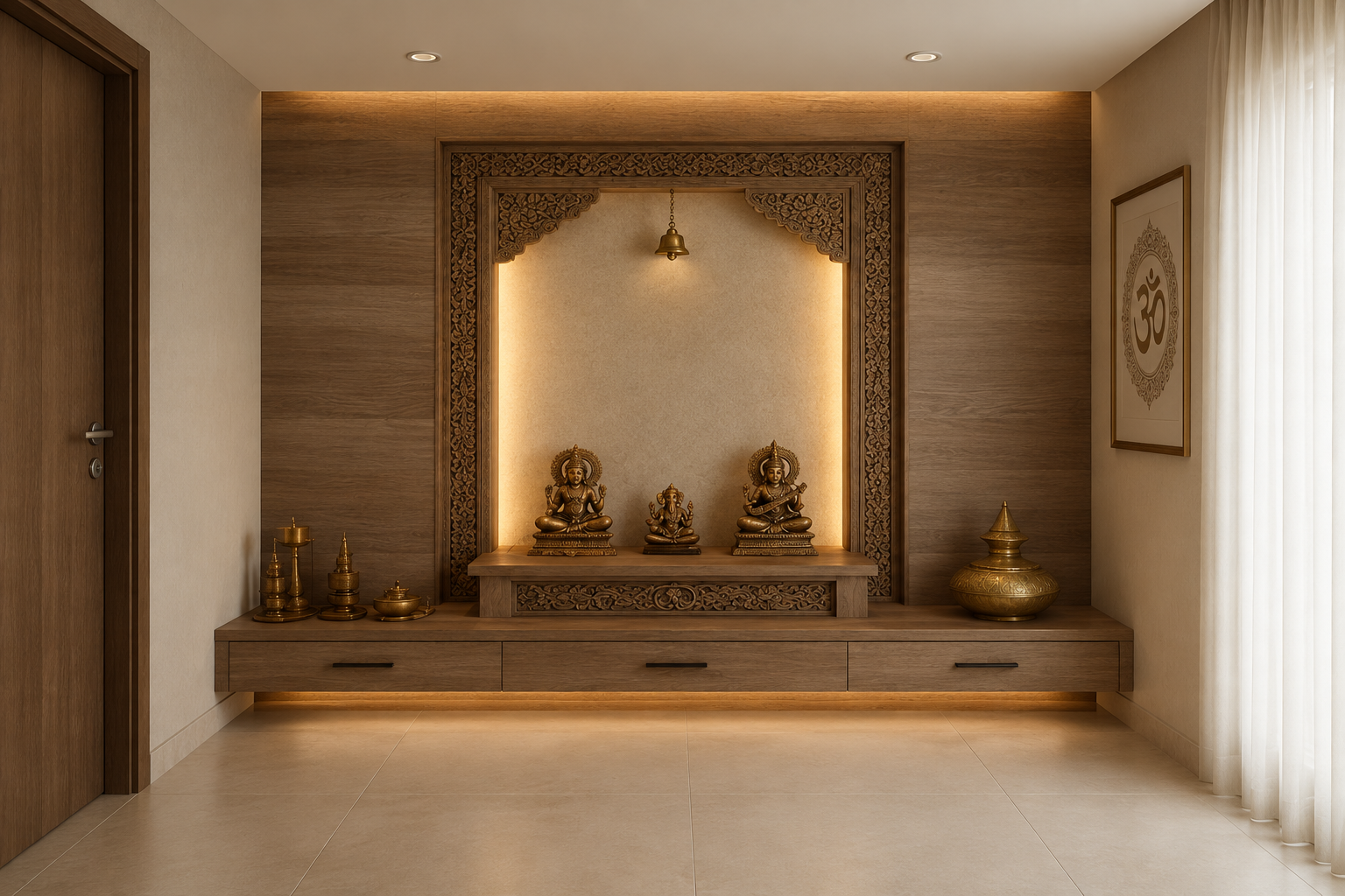 ChatGPT Image Aug 13, 2026, 07_14_18 PM Modern Traditional Pooja Room Design with Carved Wood & Warm Ambient Lighting - Image 1