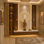 Modern Golden Pooja Room with Elegant Krishna Shrine