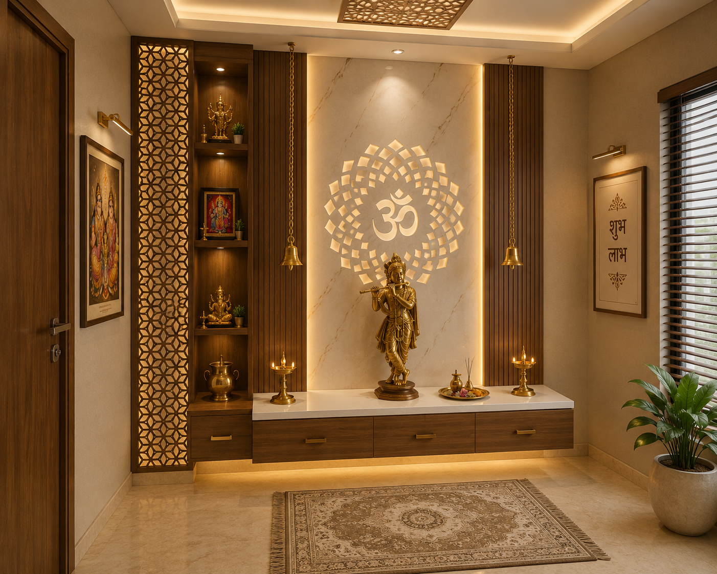 ChatGPT Image Aug 13, 2026, 07_20_27 PM Modern Golden Pooja Room with Elegant Krishna Shrine - Image 1