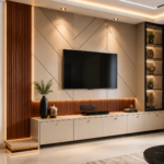 Modern Luxury TV Unit Design with Geometric Wall Panels, Wooden Louvers & Warm LED Lighting