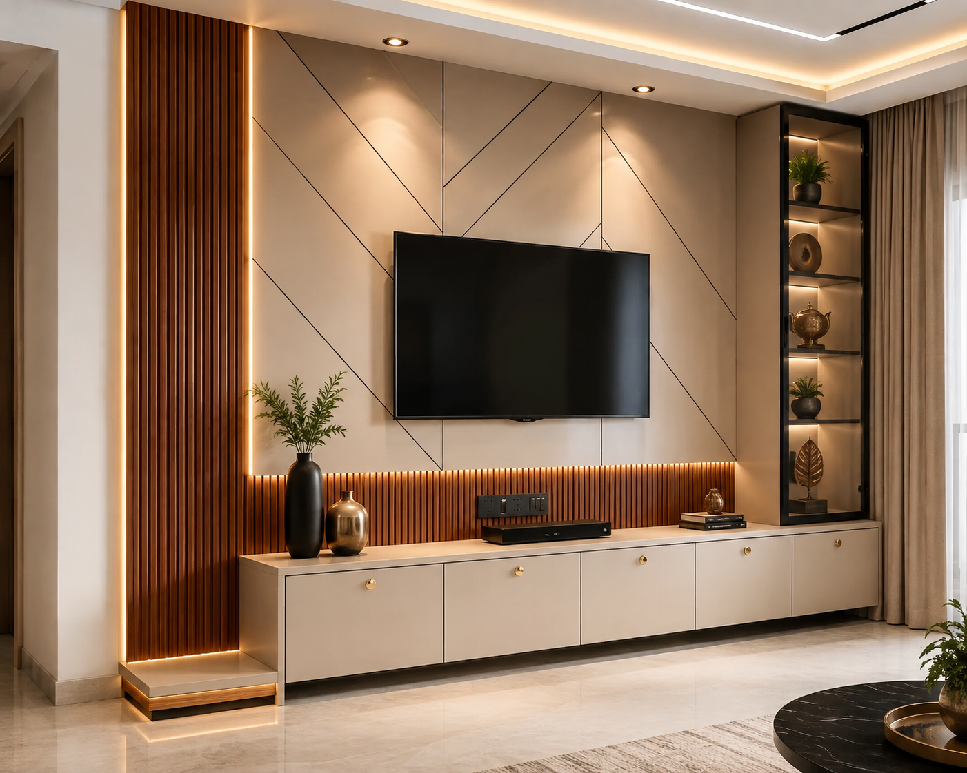 ChatGPT Image Aug 14, 2026, 03_50_27 PM Modern Luxury TV Unit Design with Geometric Wall Panels, Wooden Louvers & Warm LED Lighting - Image 1