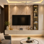 Modern Marble-Finish TV Unit Design with Elegant Storage, Decorative Shelving & Warm False Ceiling Lighting
