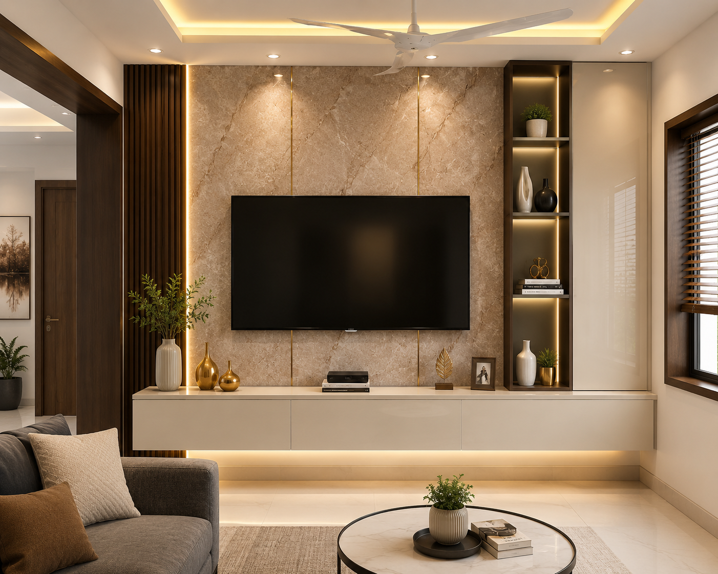 ChatGPT Image Aug 14, 2026, 03_57_30 PM Modern Marble-Finish TV Unit Design with Elegant Storage, Decorative Shelving & Warm False Ceiling Lighting - Image 1