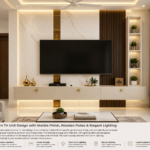 Modern TV Unit Design with Marble Finish, Wooden Fluted Panels, Gold Accents & Elegant LED Lighting