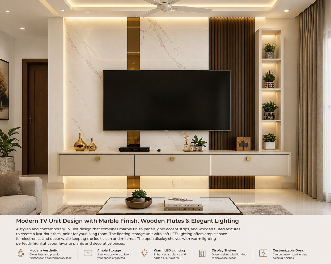 ChatGPT Image Aug 14, 2026, 04_19_51 PM Modern TV Unit Design with Marble Finish, Wooden Fluted Panels, Gold Accents & Elegant LED Lighting - Image 1