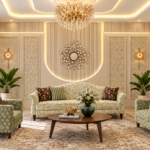 Elegant Modern Classic Living Room Interior Design with Luxurious Wall Panelling, Statement Chandelier and Comfortable Seating