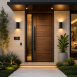 Modern Wooden Main Door Design with Warm Lighting and Elegant Glass Sidelight