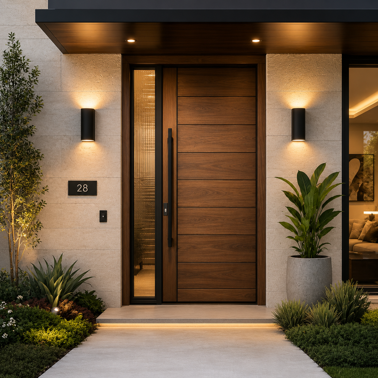 ChatGPT Image Aug 15, 2026, 04_03_27 PM Modern Wooden Main Door Design with Warm Lighting and Elegant Glass Sidelight - Image 1