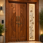 Elegant Wooden Main Door Design with Decorative Carving & Glass Panel