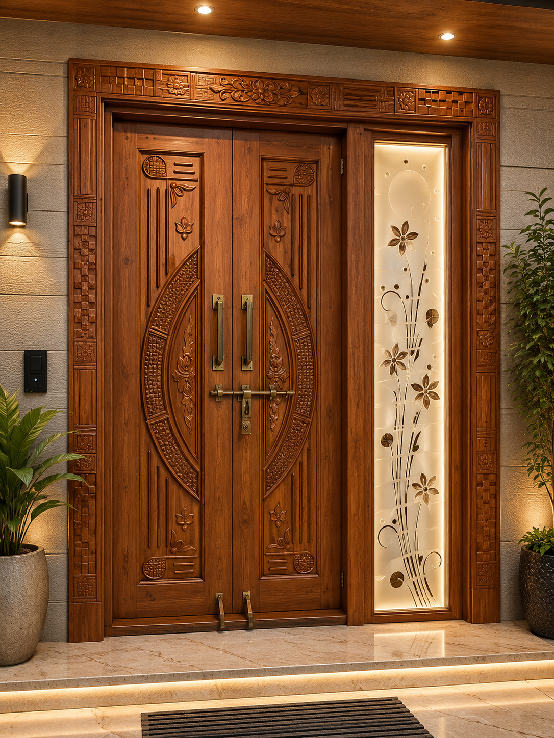 ChatGPT Image Aug 15, 2026, 04_06_35 PM Elegant Wooden Main Door Design with Decorative Carving & Glass Panel - Image 1