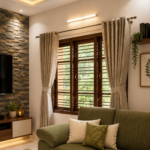 Elegant Wooden Window Design with Warm Curtains for a Modern Living Room