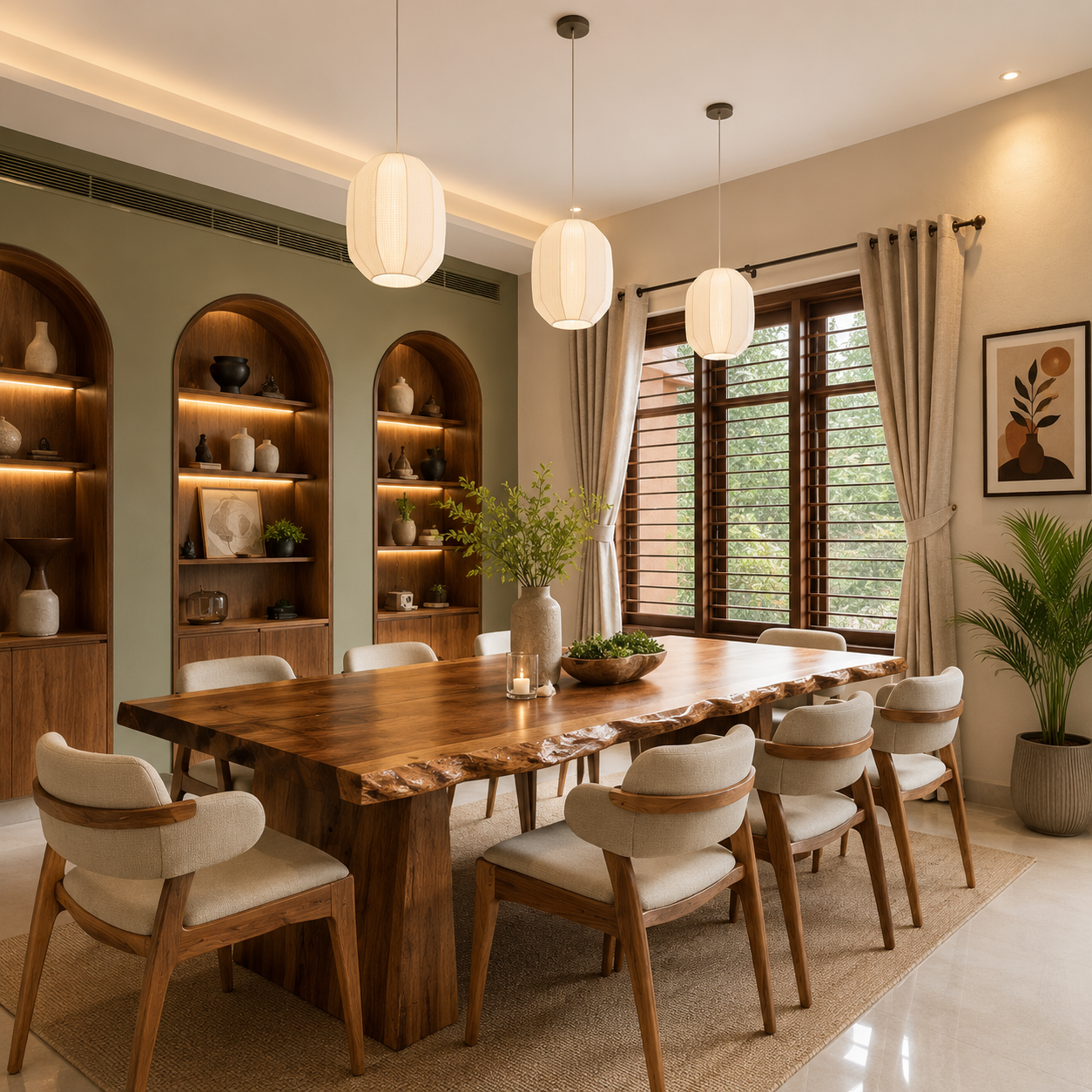 ChatGPT Image Aug 15, 2026, 12_33_25 PM Modern Rustic Dining Room Design with Warm Wooden Elements, Arched Display Shelves & Elegant Window Styling - Image 1