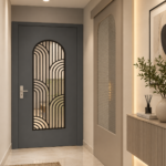 Modern Wooden Door with Arched Geometric Grille Design for Elegant Interiors