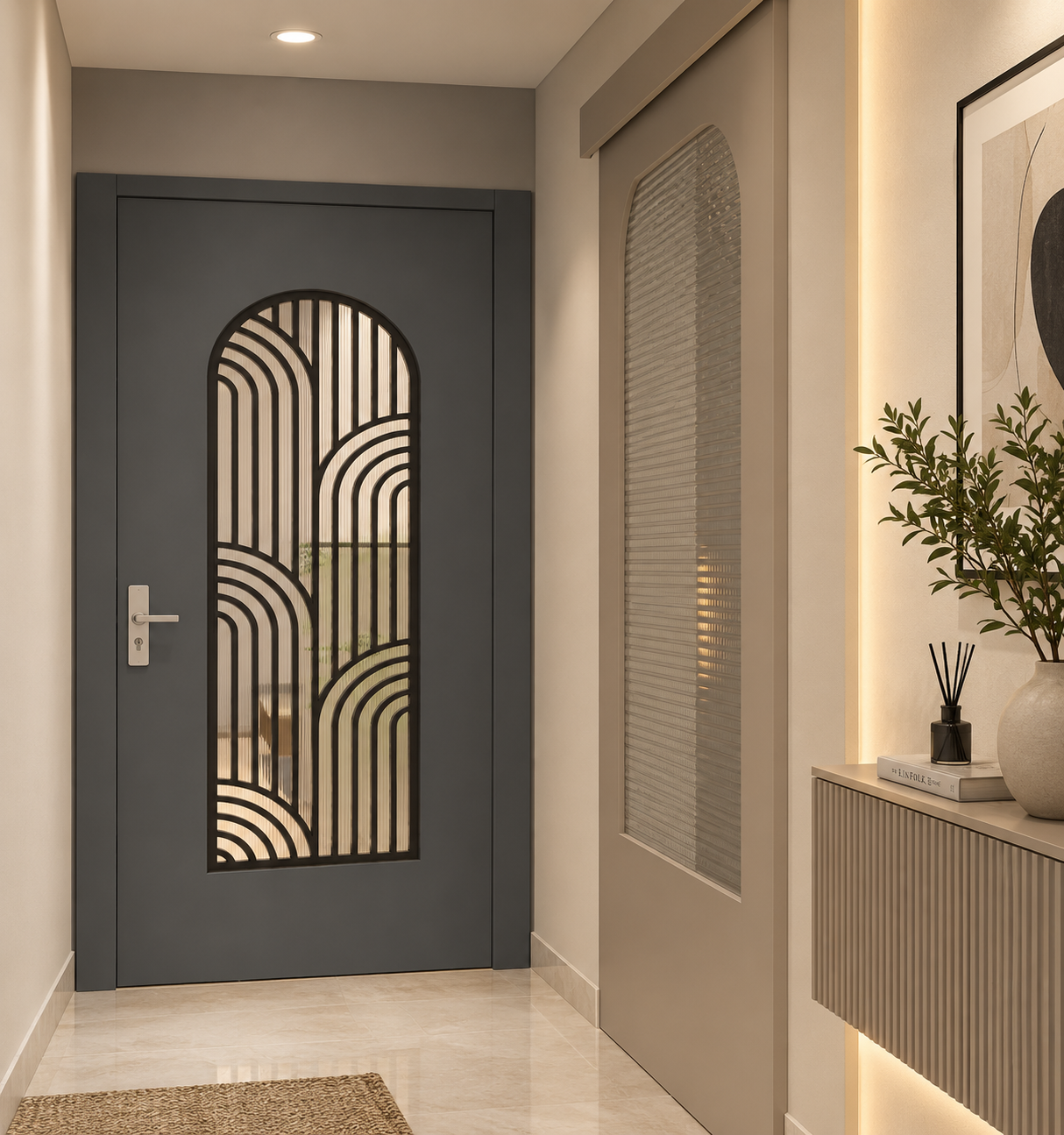 ChatGPT Image Aug 17, 2026, 01_09_13 PM Modern Wooden Door with Arched Geometric Grille Design for Elegant Interiors - Image 1