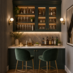 Sophisticated Modern Home Bar with Deep Green Cabinetry and Warm Ambient Lighting