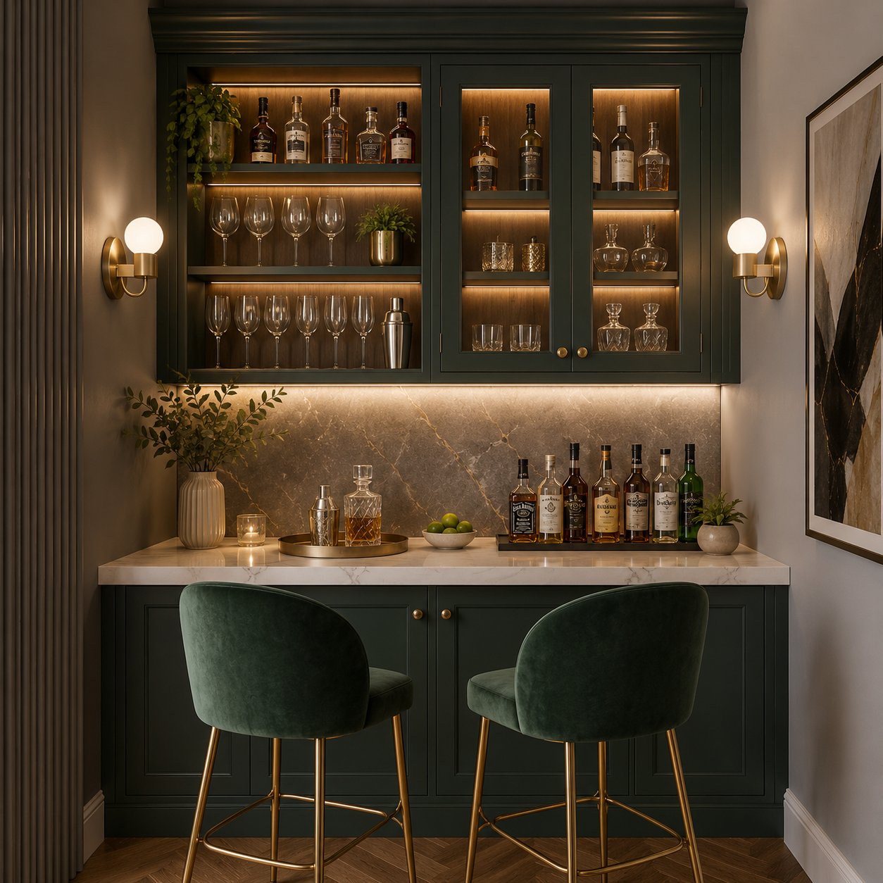 ChatGPT Image Aug 17, 2026, 01_27_37 PM Sophisticated Modern Home Bar with Deep Green Cabinetry and Warm Ambient Lighting - Image 1